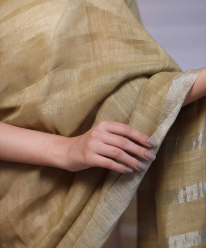 Green peach handwoven linen zari saree