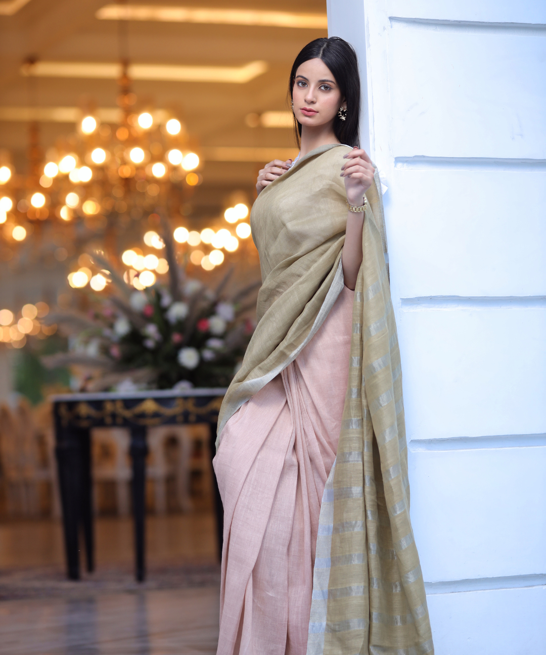 Green peach handwoven linen zari saree