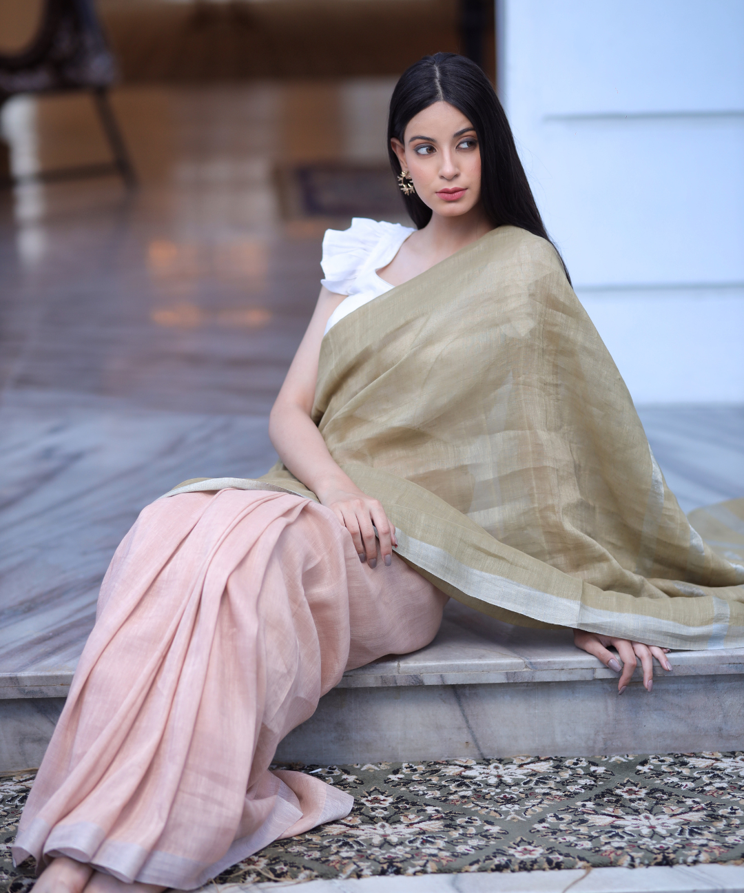 Green peach handwoven linen zari saree