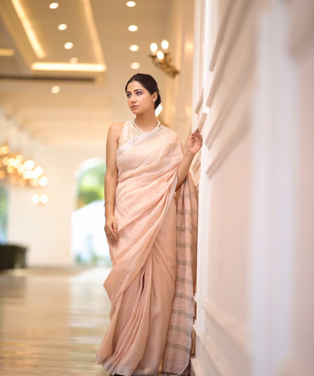 Summer pink handwoven linen zari saree
