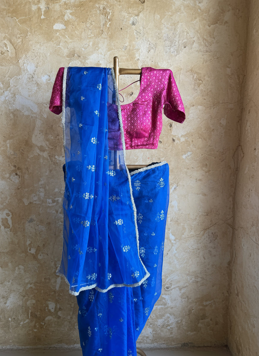 Blue organza saree