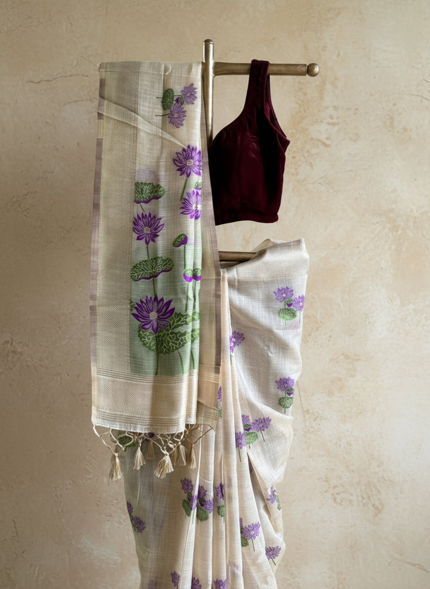 Happy purple lotus chanderi cotton saree