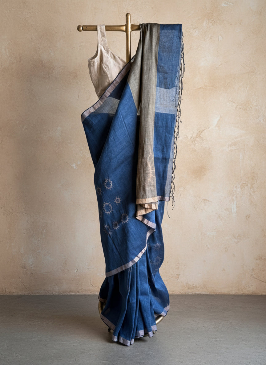 Blue jamdani linen saree