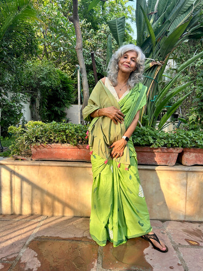 Green summer breeze block printed mulmul saree