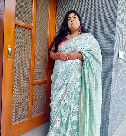 Mint blockprinted chanderi silk saree