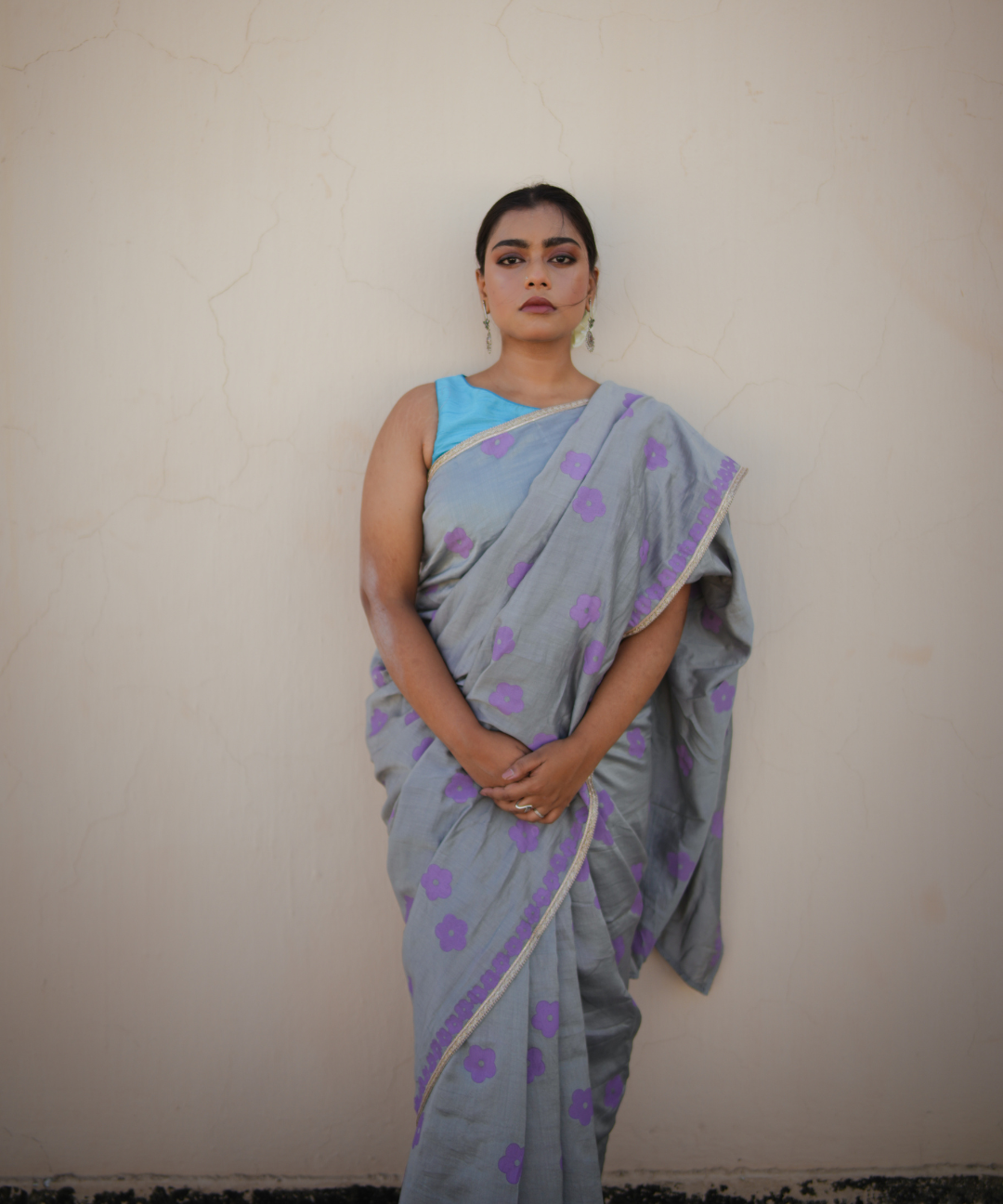Grey blockprinted chanderi silk saree