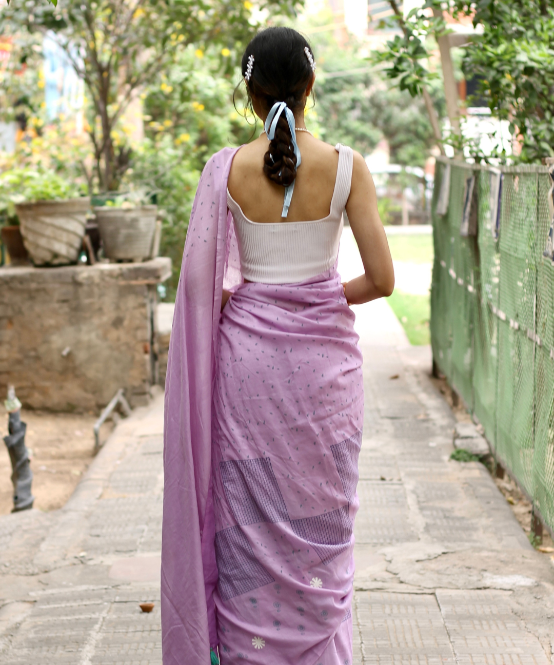 Lavender summer dew block printed mulmul saree