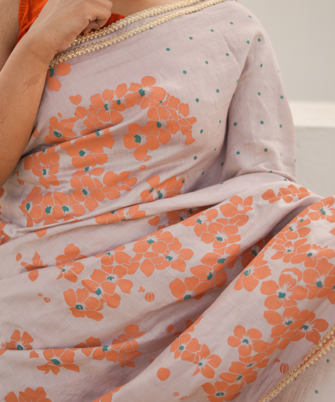 Orange blockprinted chanderi silk saree