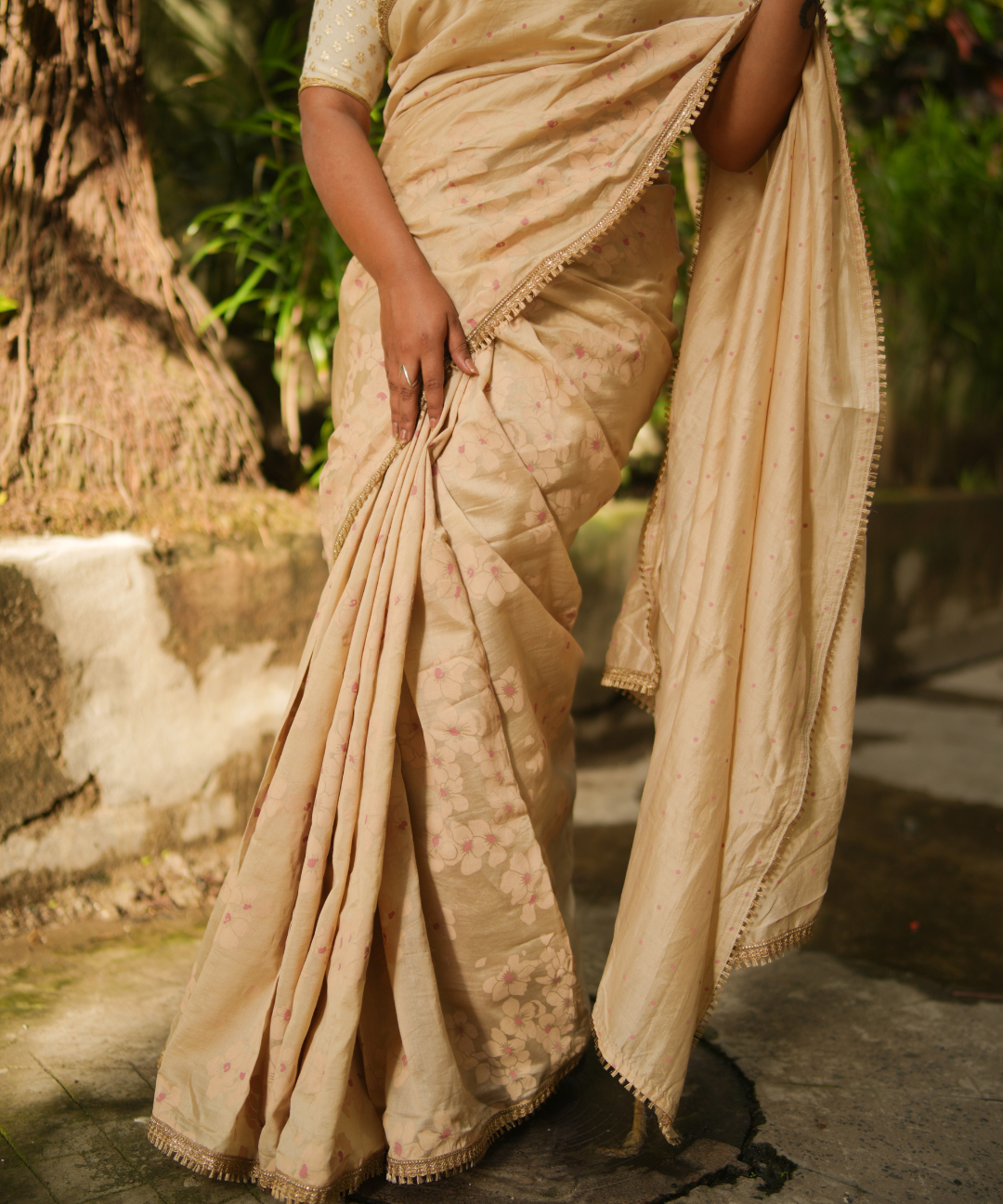 Beige blockprinted chanderi silk saree