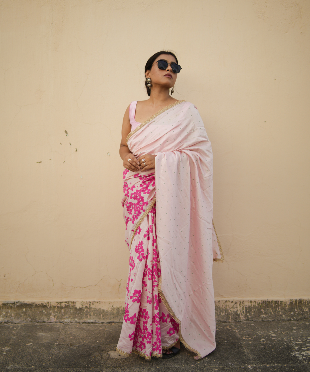 Pink blockprinted chanderi silk saree