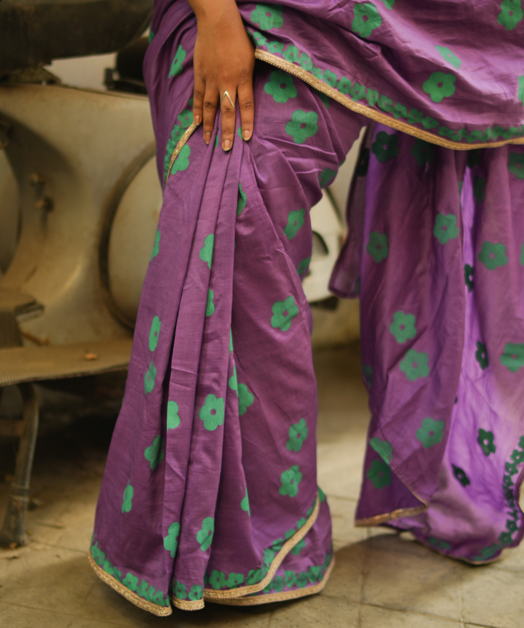 Purple blockprinted chanderi silk saree