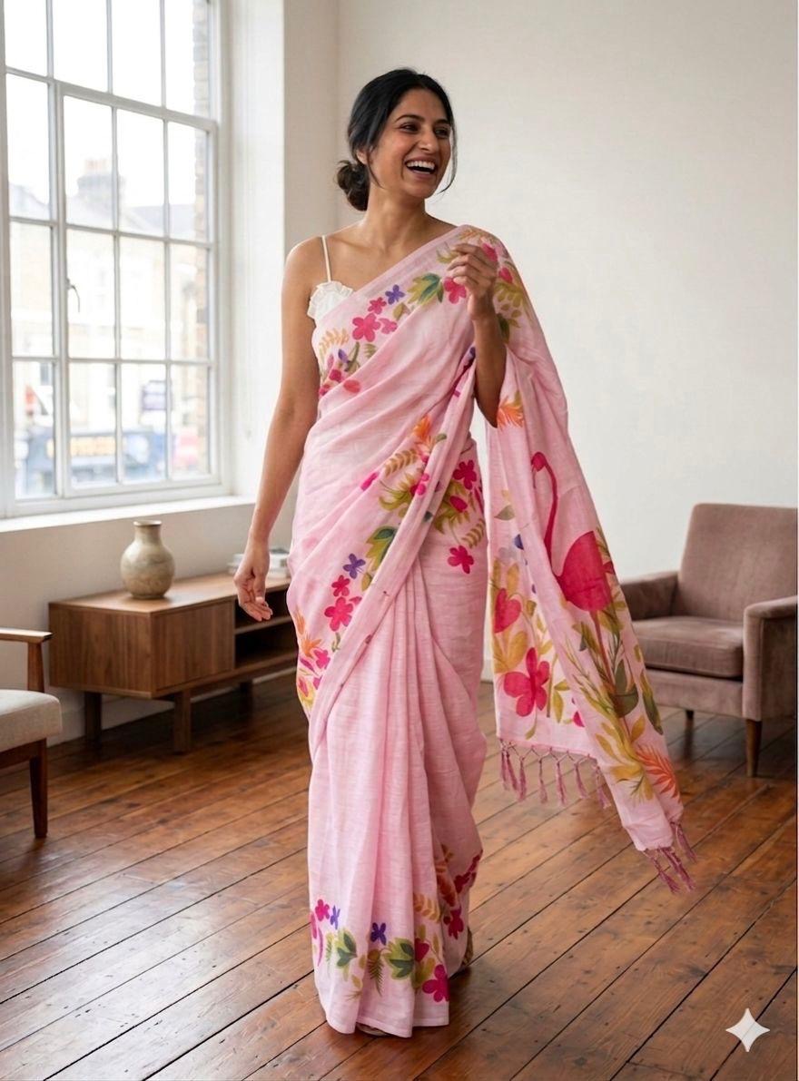 Pink floral cotton saree