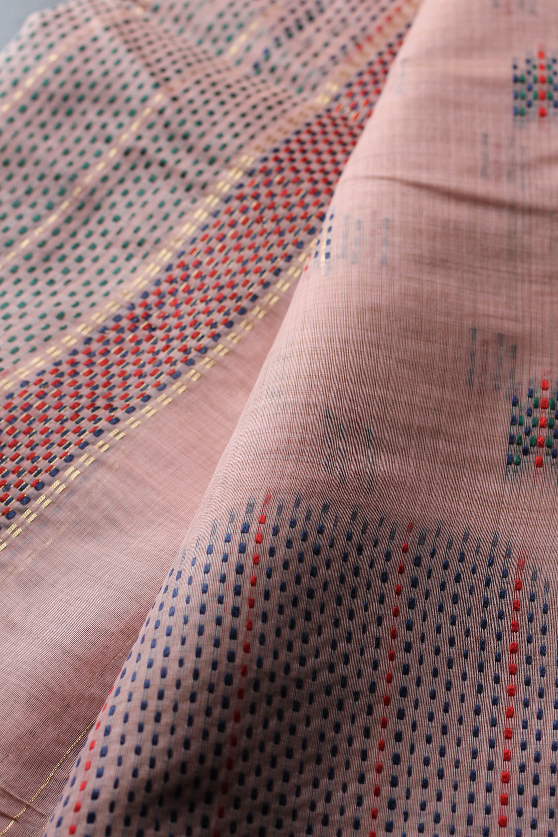 Peach chanderi cotton kantha saree