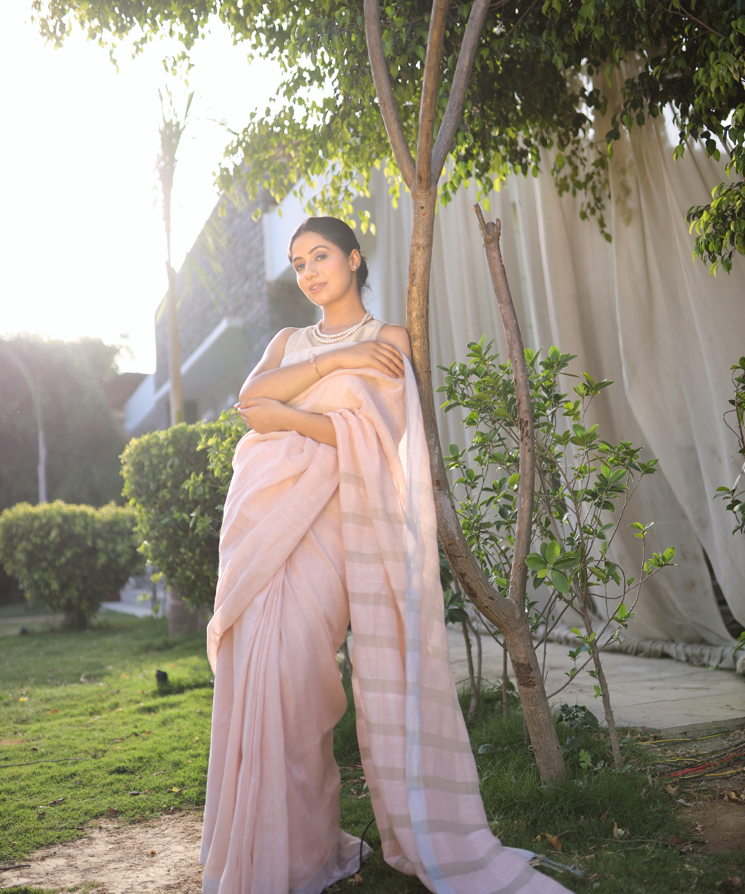 Summer pink handwoven linen zari saree