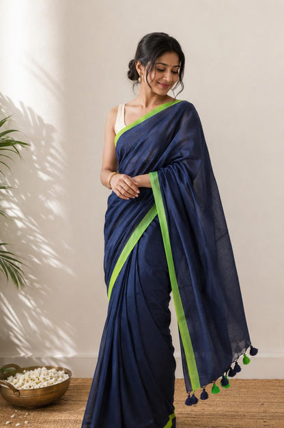 Blue green cotton saree