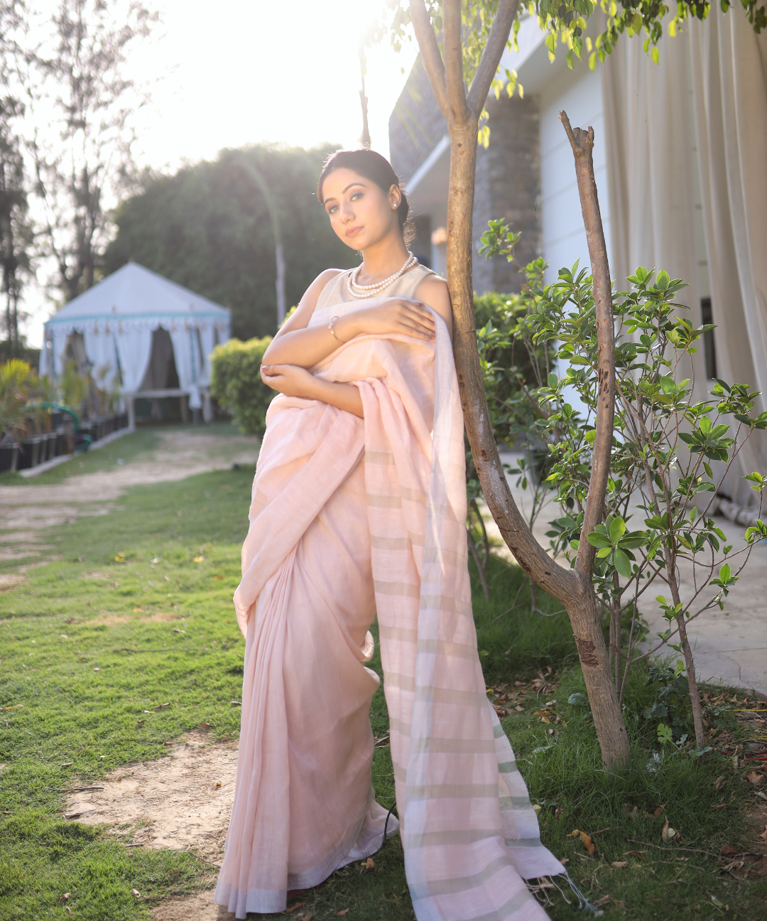 Summer pink handwoven linen zari saree