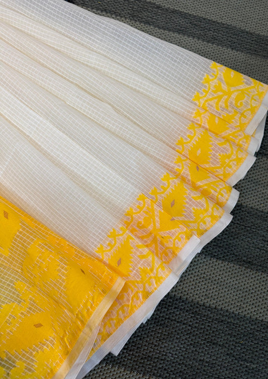 White Yellow Self Checks Bengal Jamdani saree