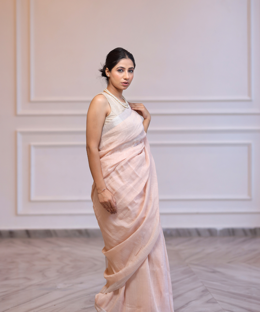 Summer pink handwoven linen zari saree