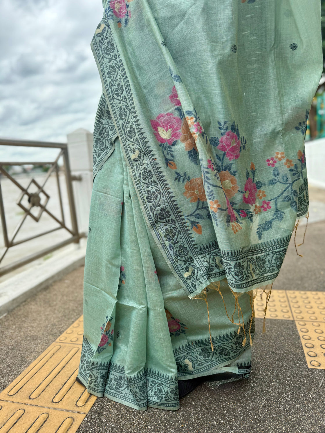 Sage green chanderi cotton jamdani saree