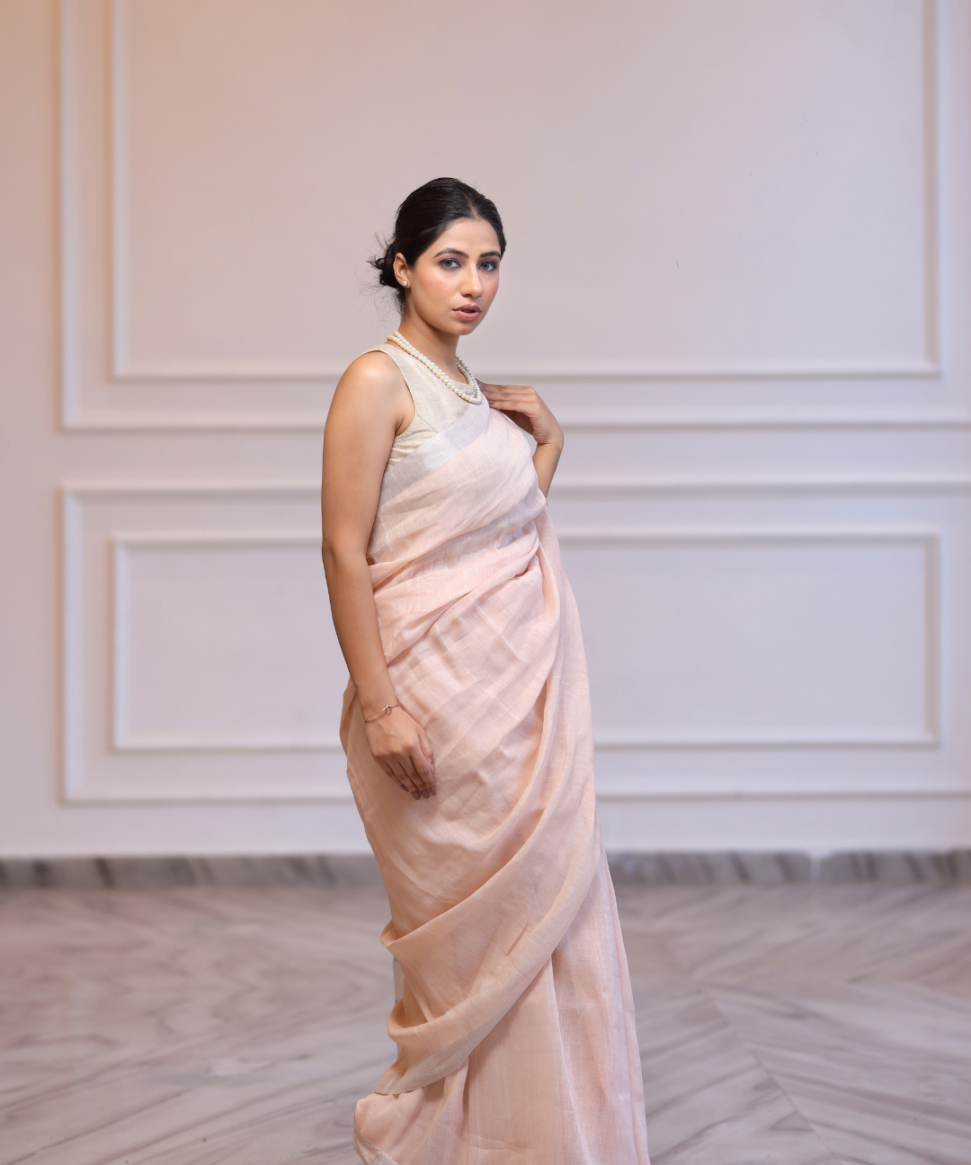 Summer pink handwoven linen zari saree