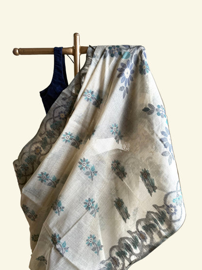 Cream chanderi cotton jamdani saree