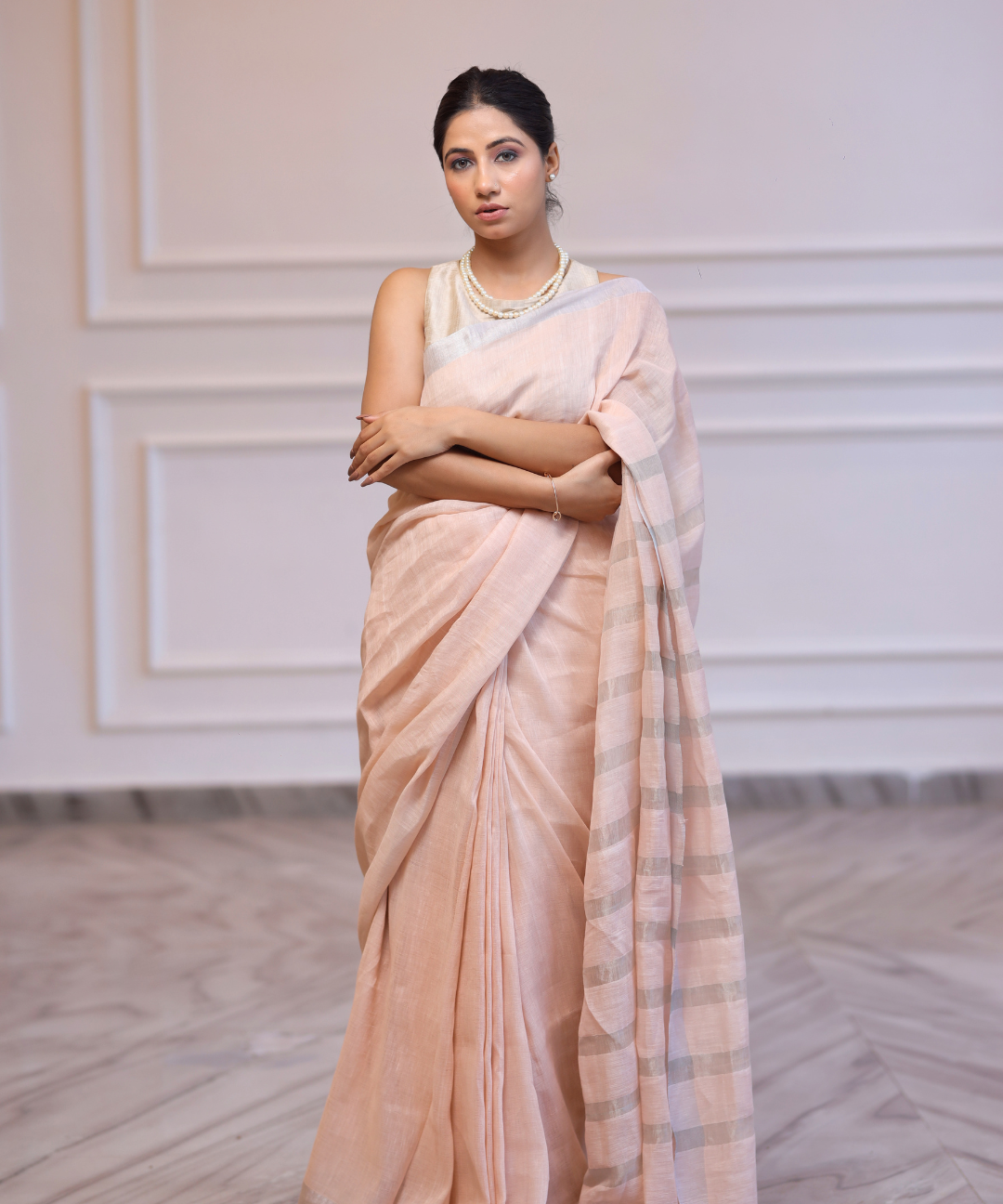 Summer pink handwoven linen zari saree