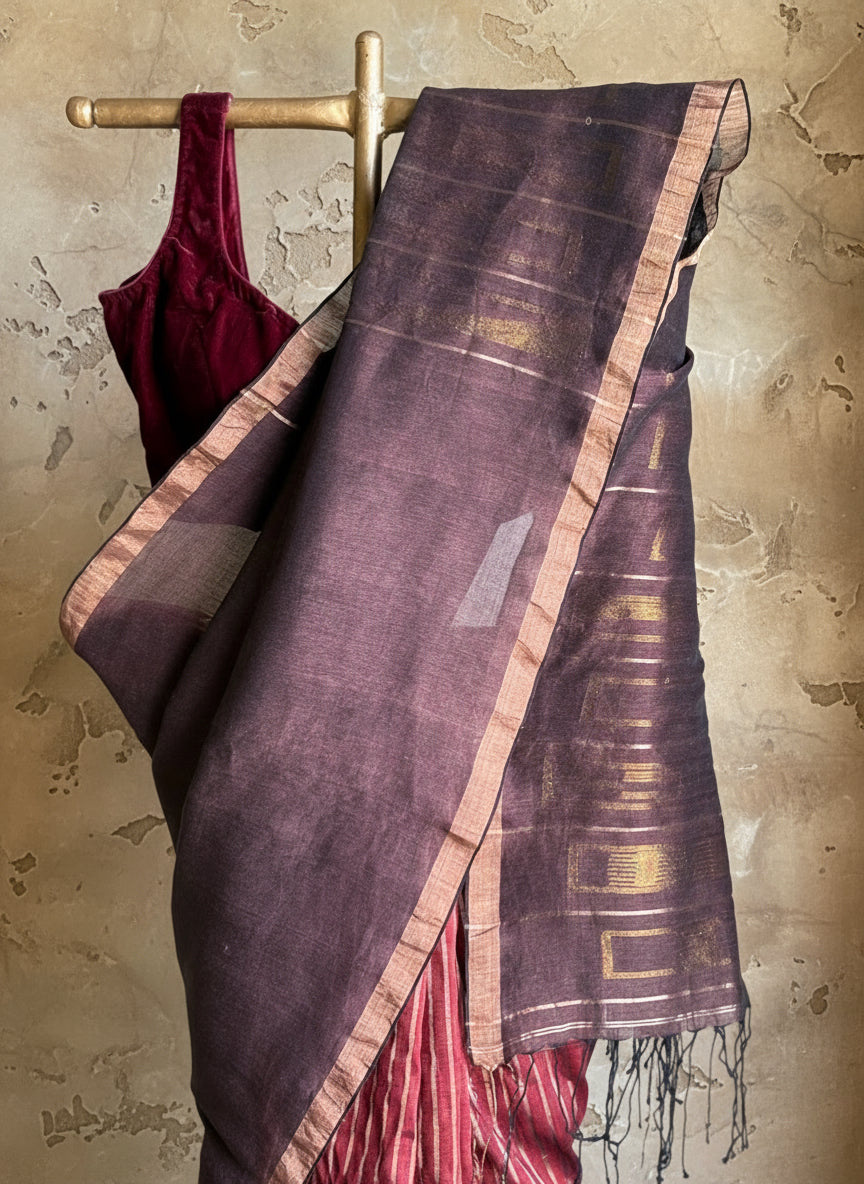 Maroon brown handwoven linen jamdani saree