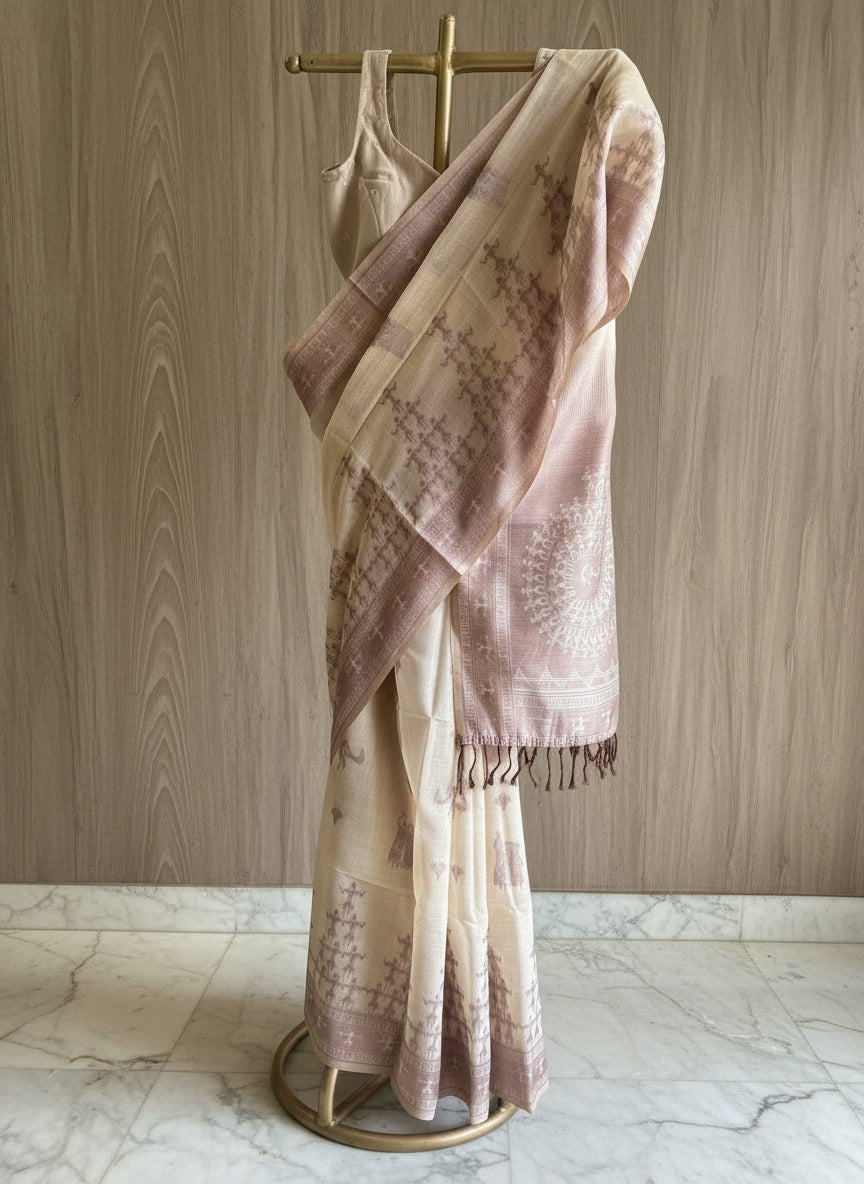 Brown varli chanderi cotton saree