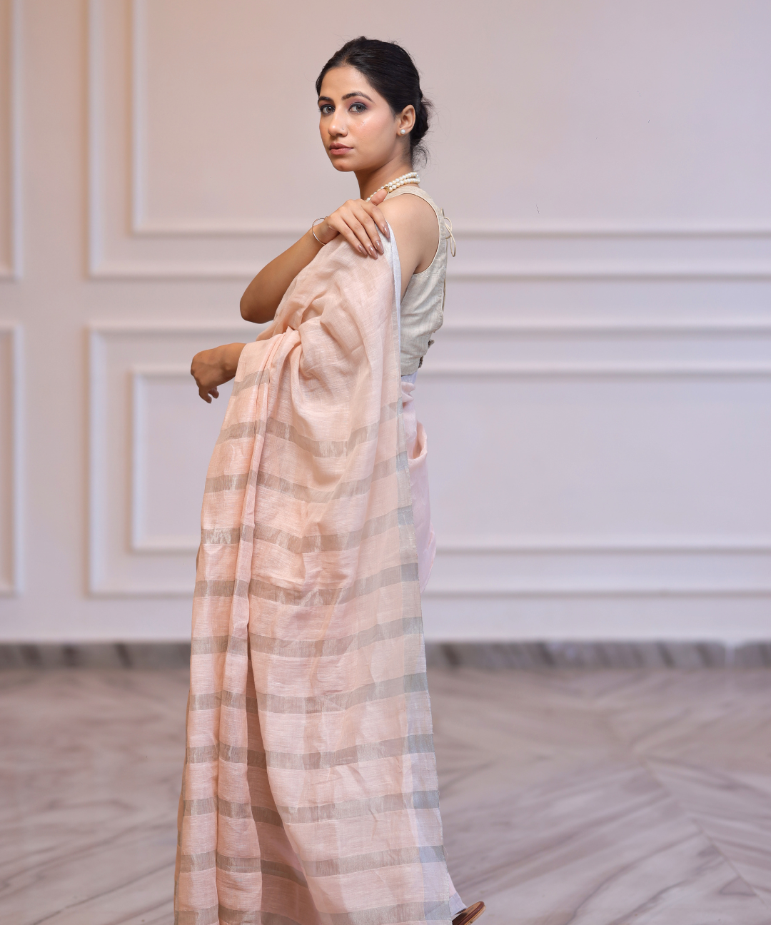 Summer pink handwoven linen zari saree
