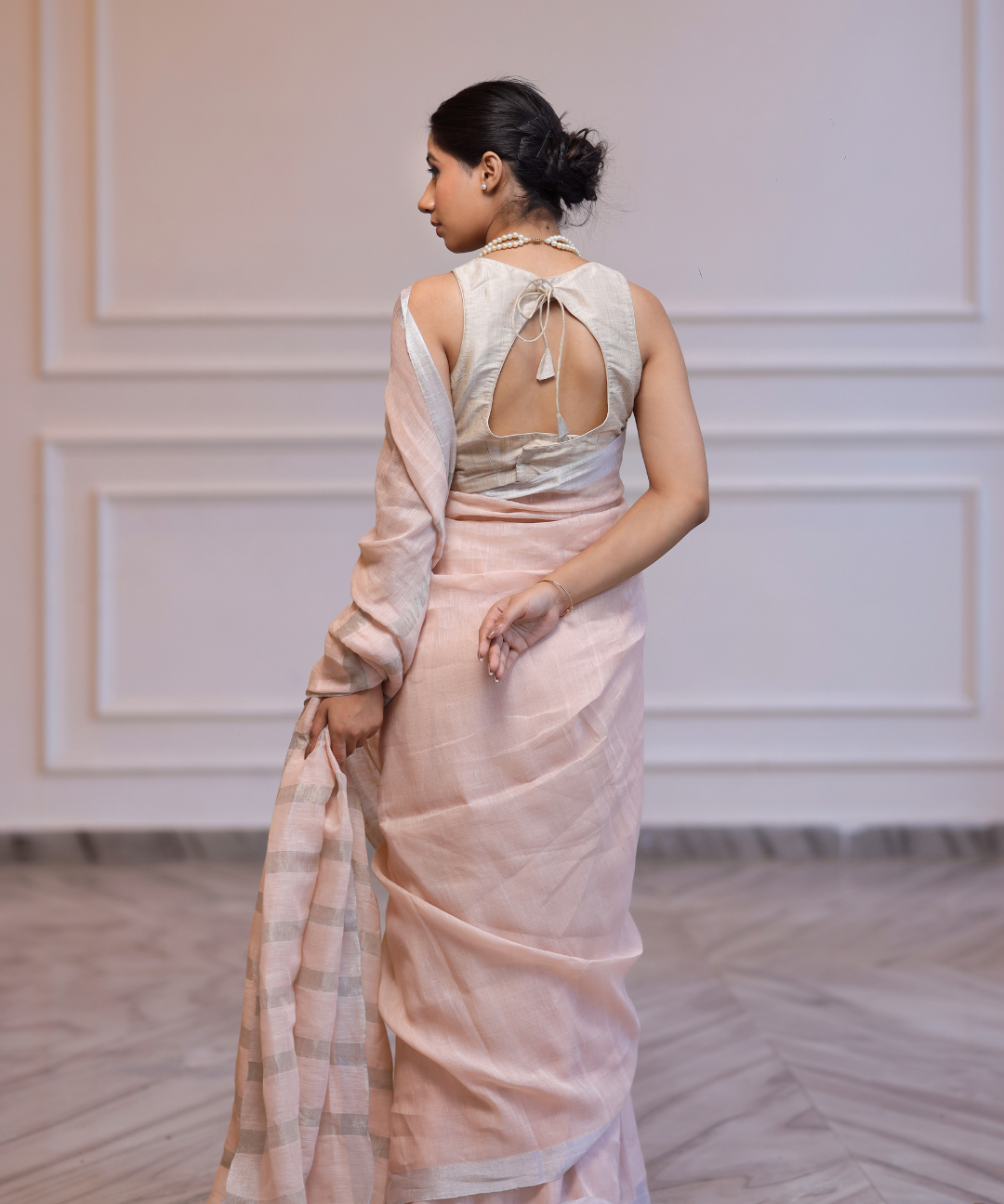 Summer pink handwoven linen zari saree