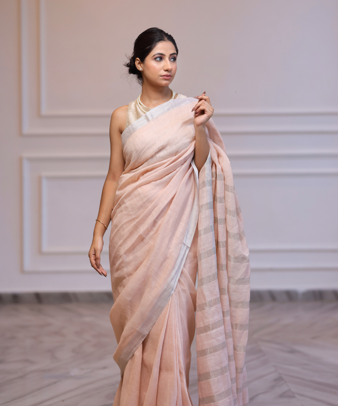 Summer pink handwoven linen zari saree