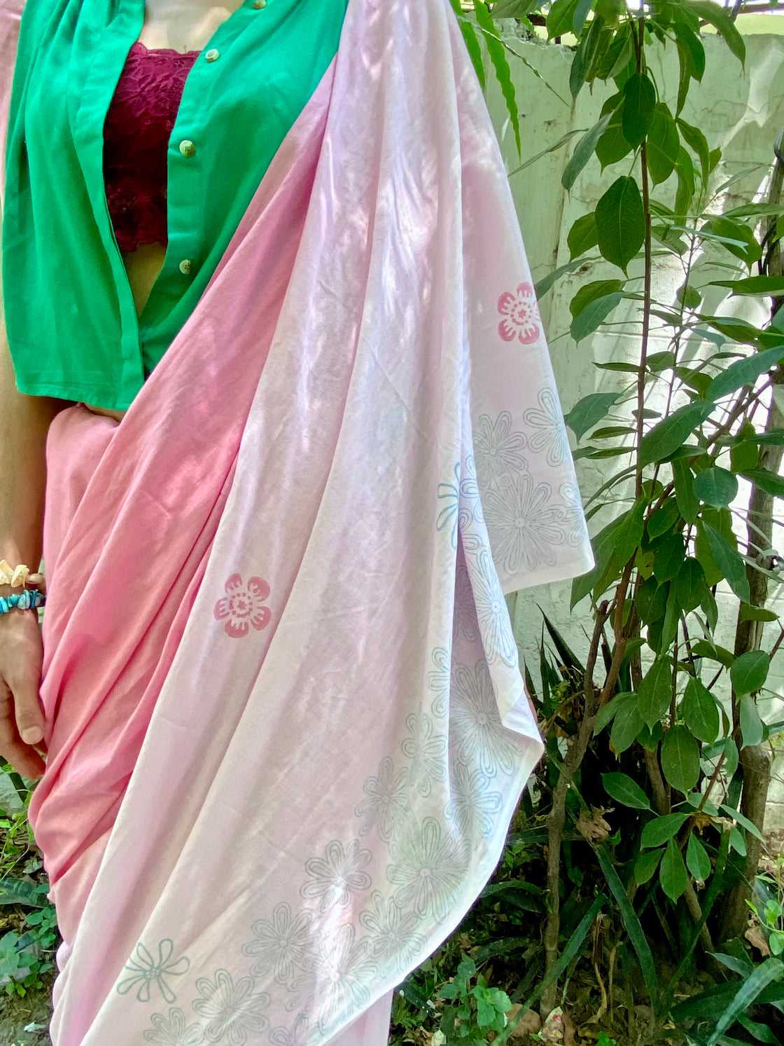 Pink ombré hand blockprinted cotton mulmul saree