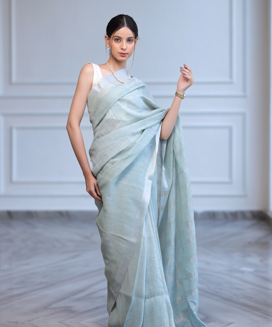 Mint handwoven linen zari saree