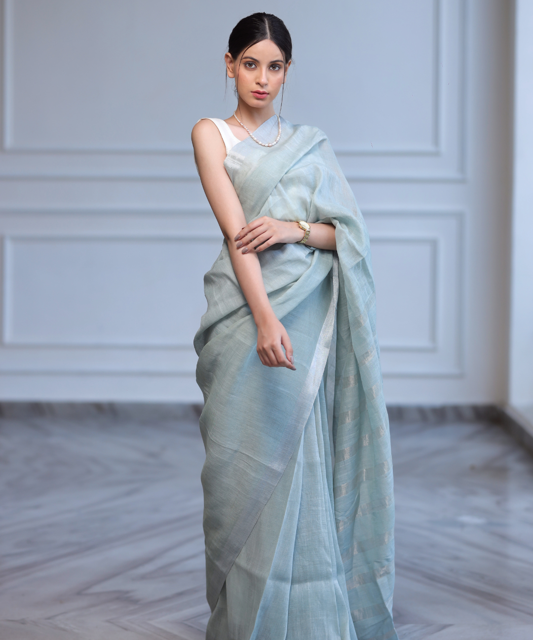 Mint handwoven linen zari saree