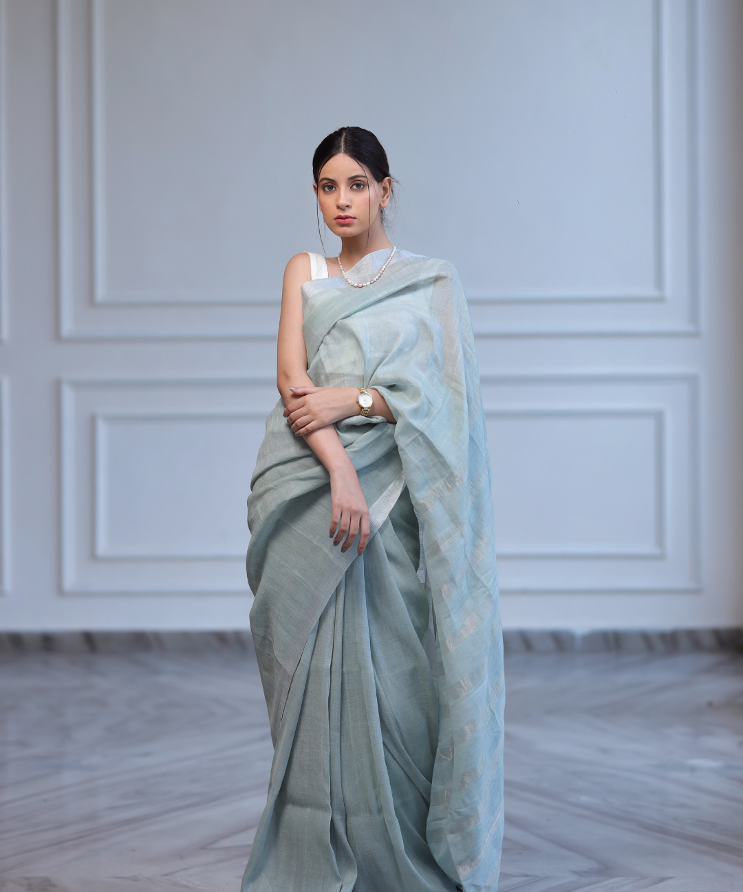 Mint handwoven linen zari saree