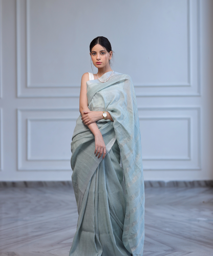 Mint handwoven linen zari saree