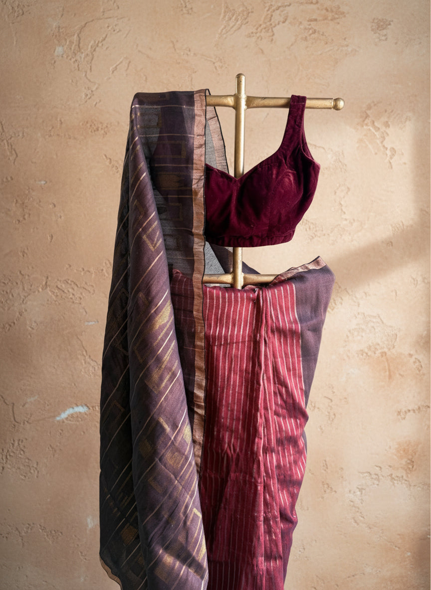 Maroon brown handwoven linen jamdani saree