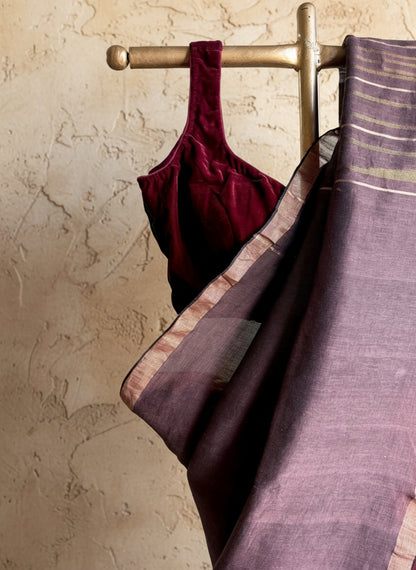 Maroon brown handwoven linen jamdani saree