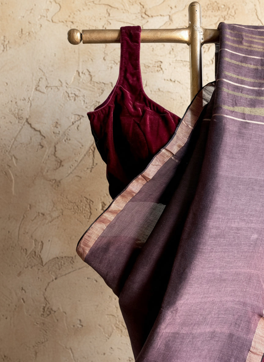 Maroon brown handwoven linen jamdani saree