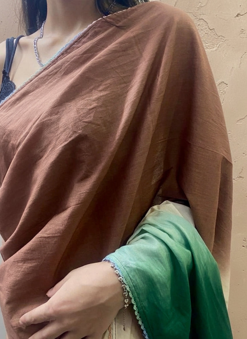 Brown green ombré cotton mulmul saree
