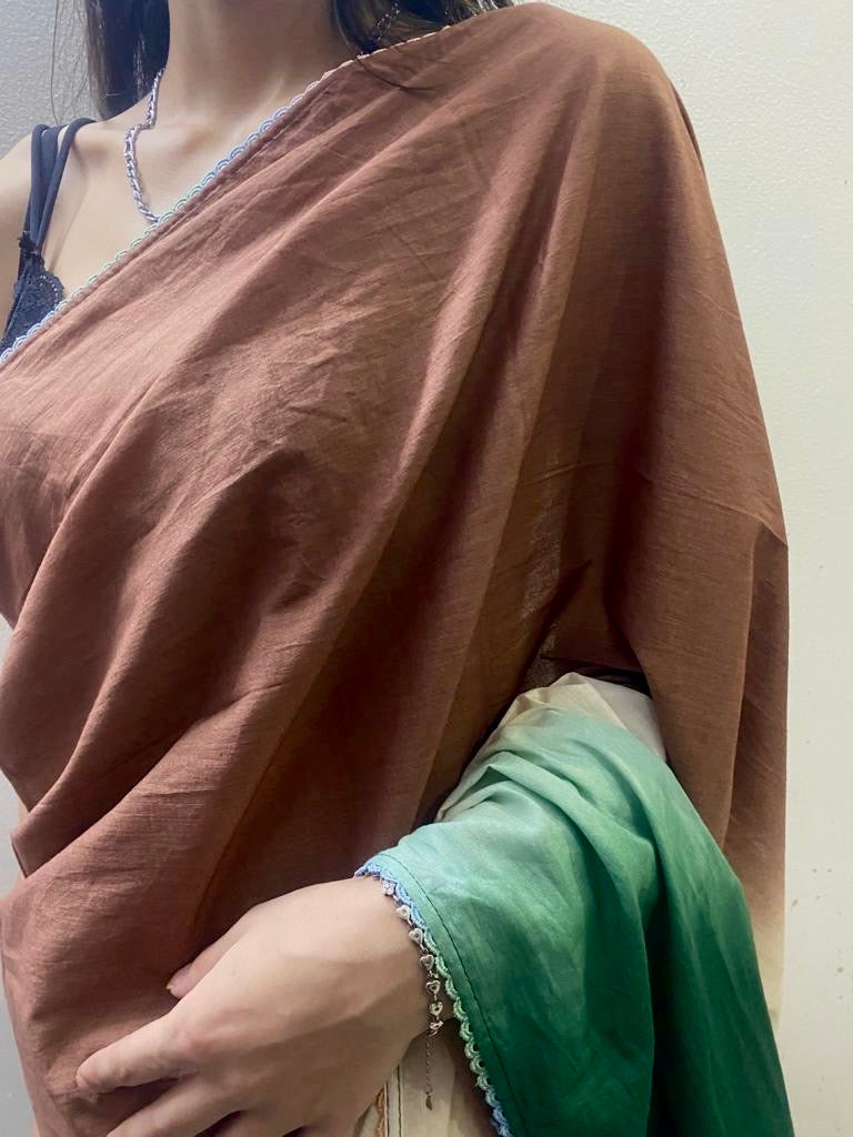 Brown green ombré cotton mulmul saree
