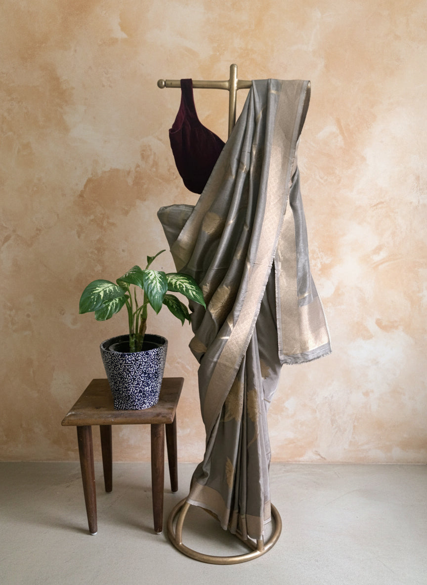 Grey silk banarasi saree