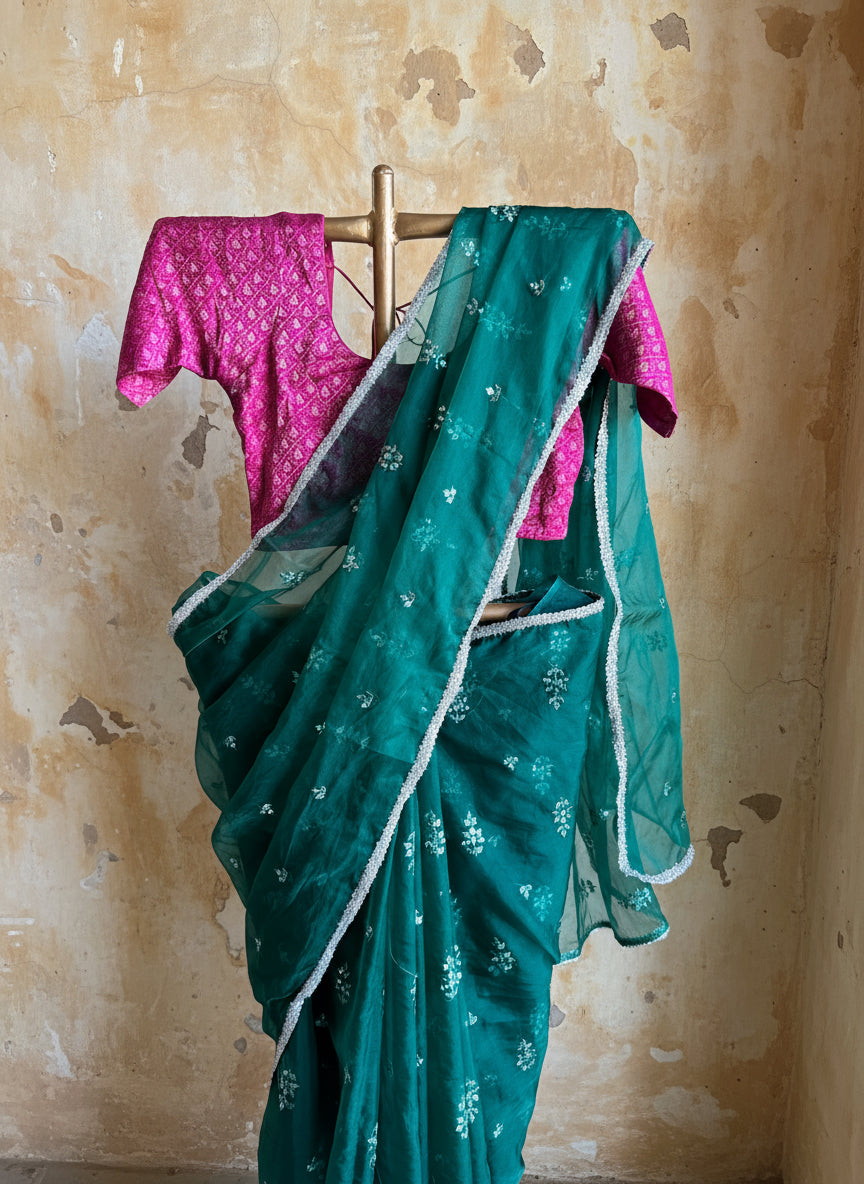Green organza saree