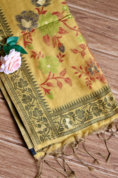 Yellow chanderi cotton jamdani saree