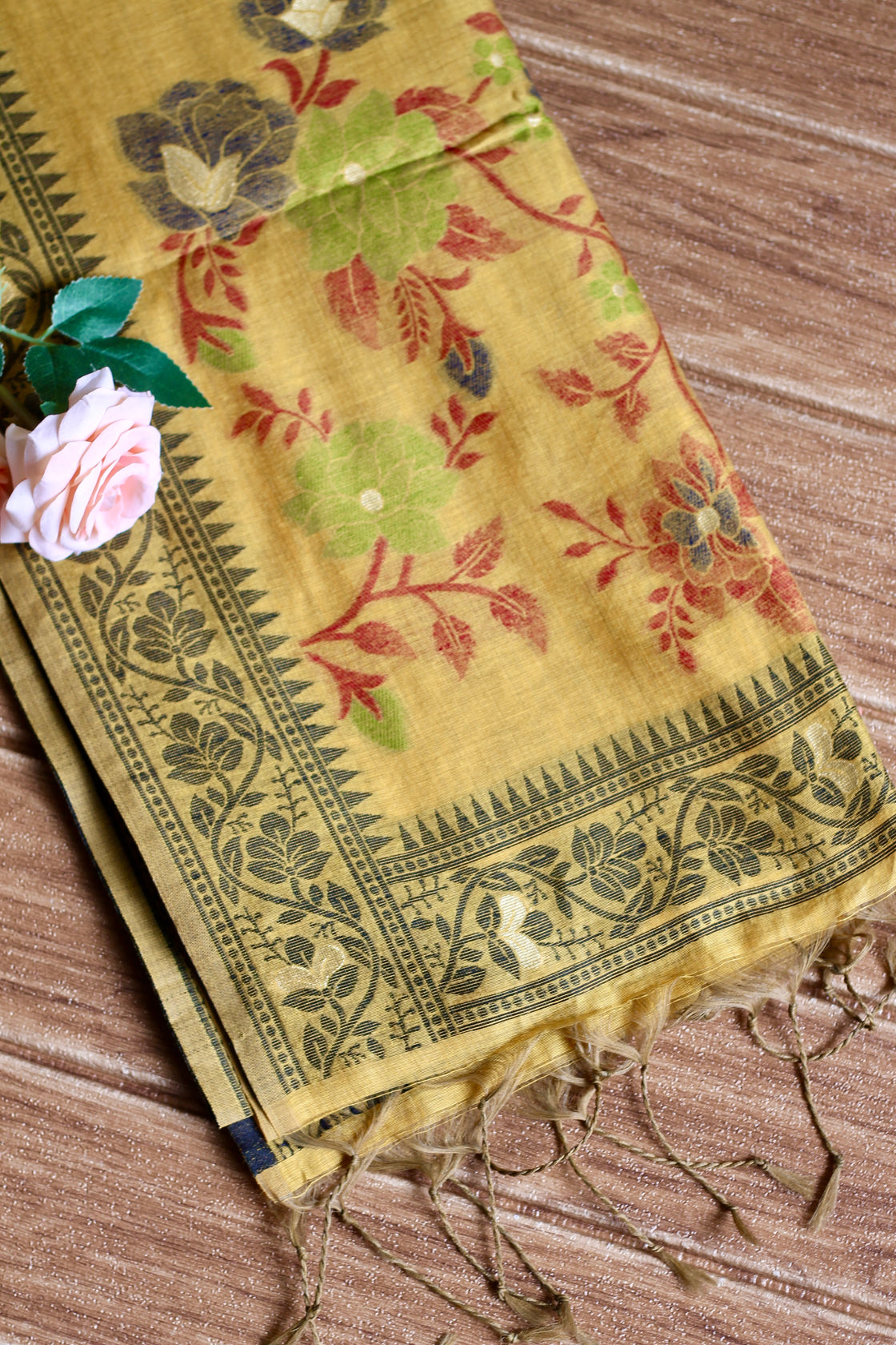 Yellow chanderi cotton jamdani saree