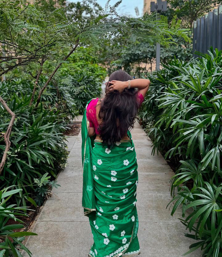 Green blockprinted chanderi silk saree