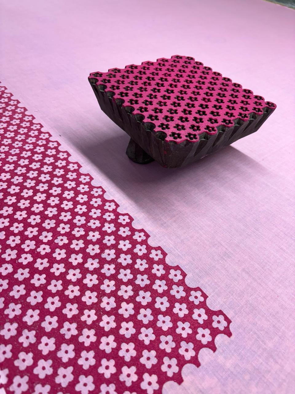 Pink summer soul block printed mulmul saree