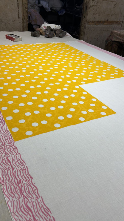 White yellow summer dream block printed mulmul saree
