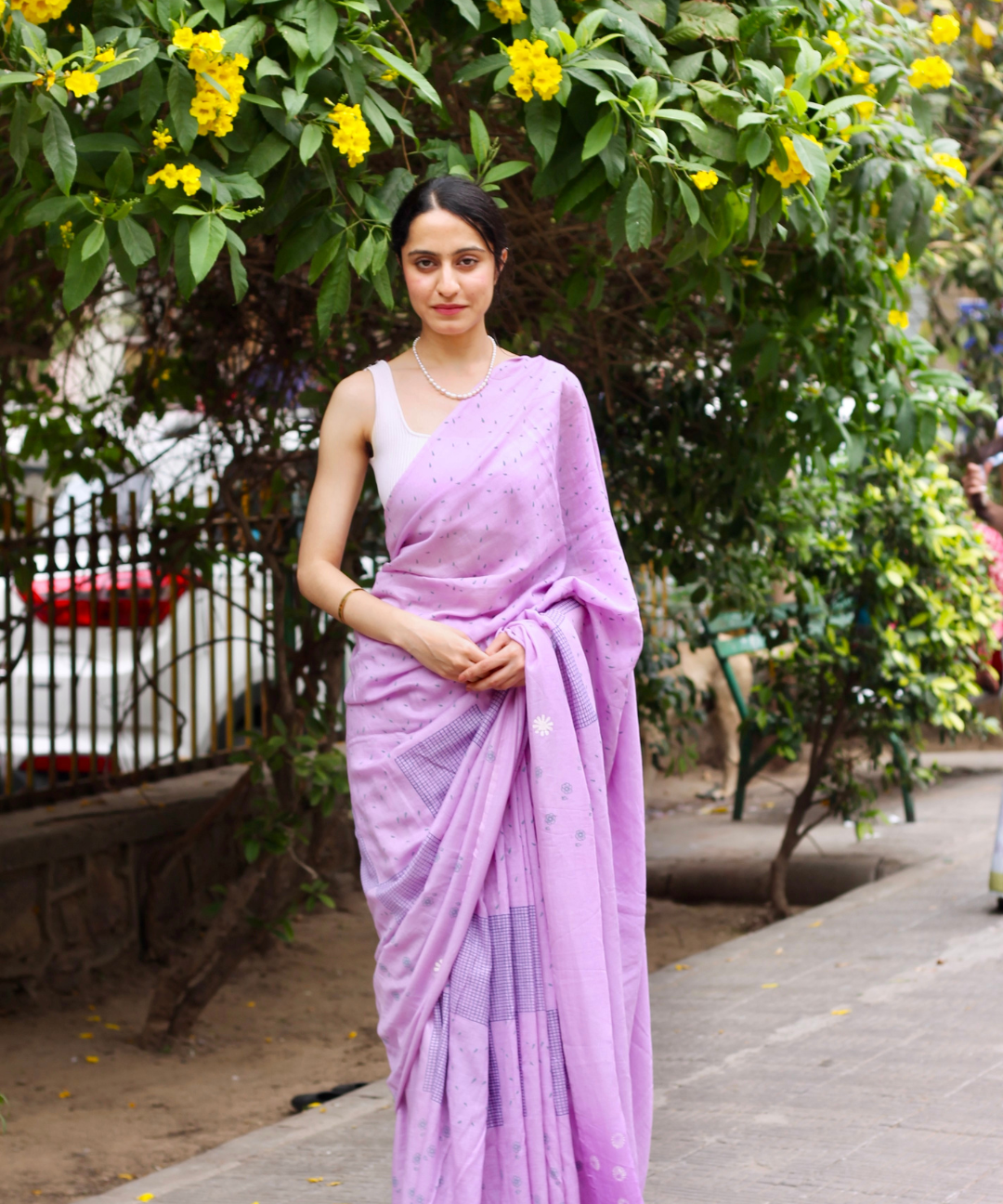 Lavender summer dew block printed mulmul saree
