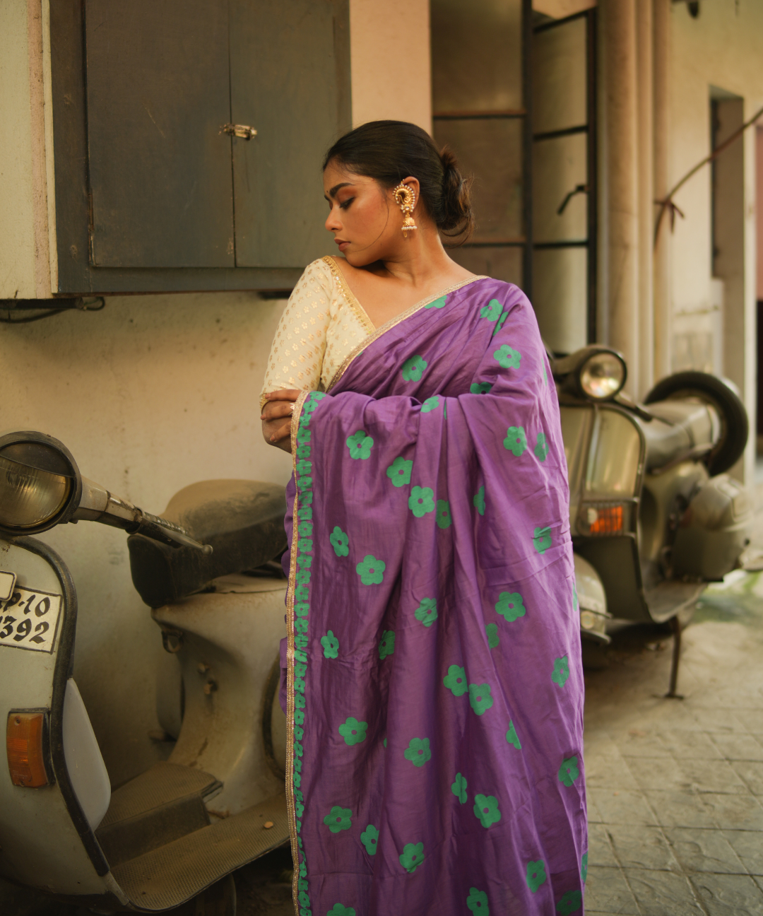 Purple blockprinted chanderi silk saree